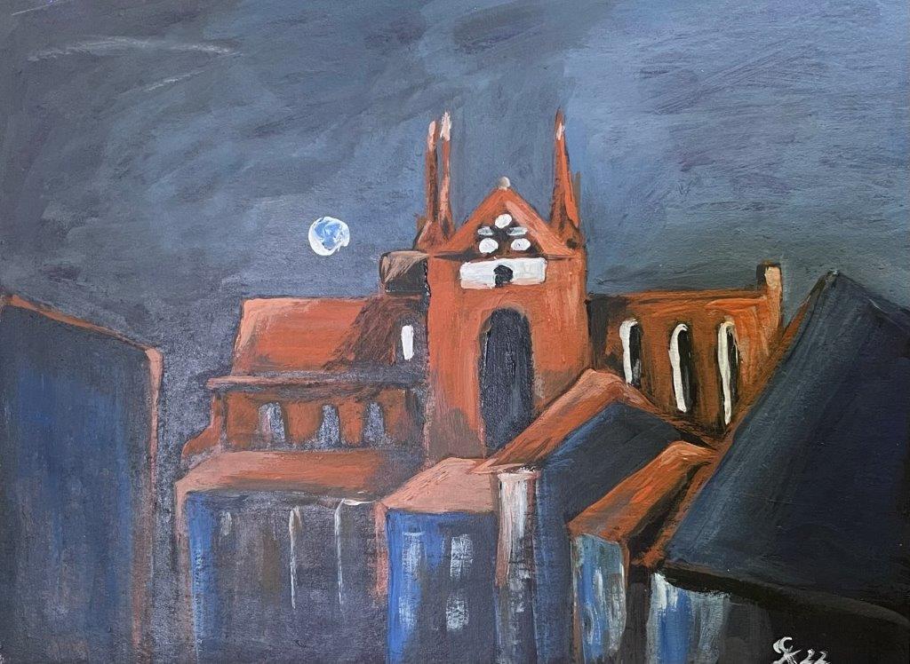 Skt. Nikolai bei Nacht, Acryl 20x30, 2022