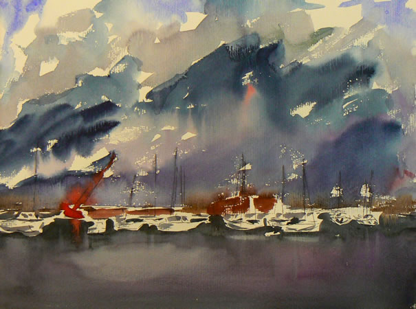 Nach dem Gewitter im Westhafen von Wismar, Aquarell, 36 x 48, 2007