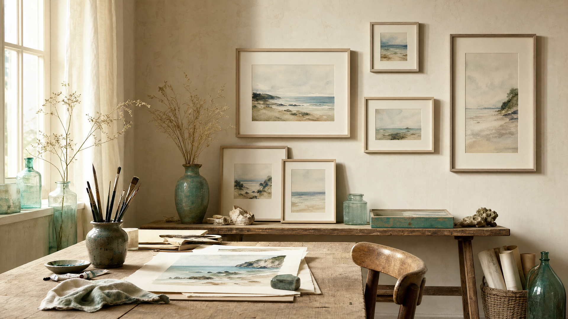 Atelier mit Tisch und gerahmten Aquarellen